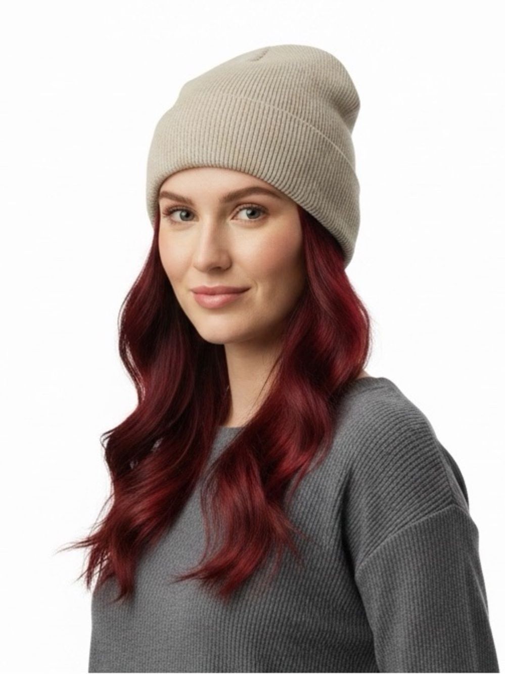 Beige Ribbed Knit Beanie Hat Lightweight Cuffed